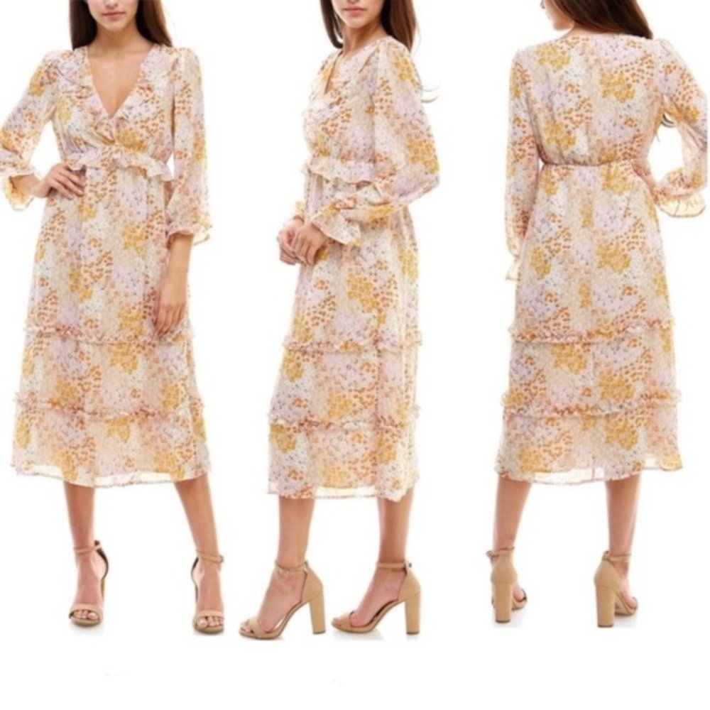 June & Hudson Floral Ruffle Long Sleeve Midi Dress - Medium